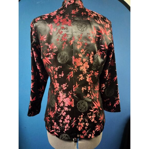 Vintage Asian-Inspired Black & Red Floral Satin Jacket With Frog Closures & Pock - Picture 3 of 8